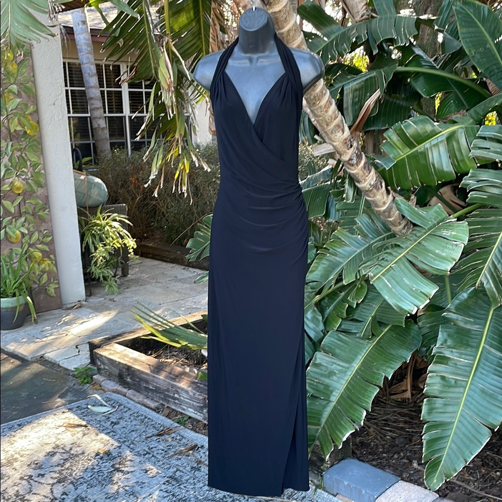 Norma Kamali, elegant, black wrap, halter maxi dress